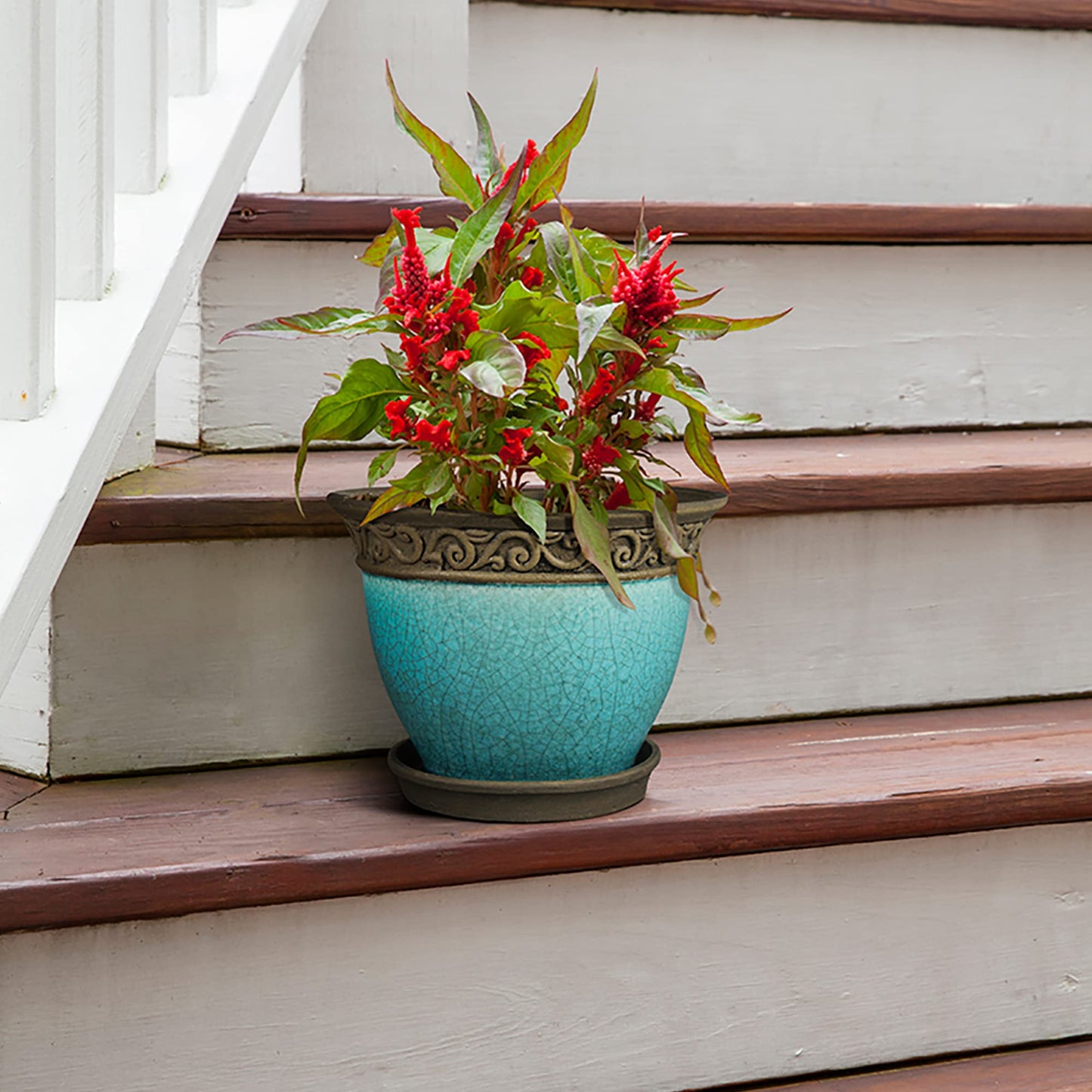 Southern Patio Cadiz 8 Inch Diameter Crackled Glazed Ceramic Indoor Outdoor Garden Planter Pot Urn with Saucer for Flowers, Herbs, and Plants, Teal
