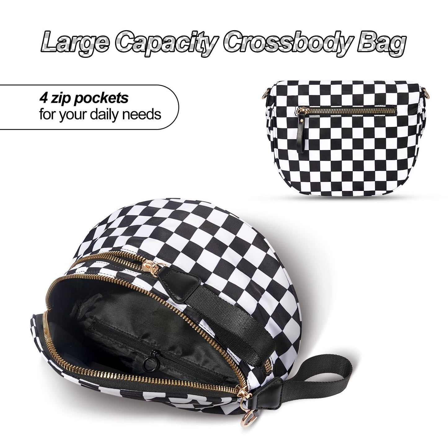 Checkered Crossbody Bag,Nylon Bum Bags for Women Crossbody,Spacious Sling Bag Purse Fanny Packs with Shoulder Strap