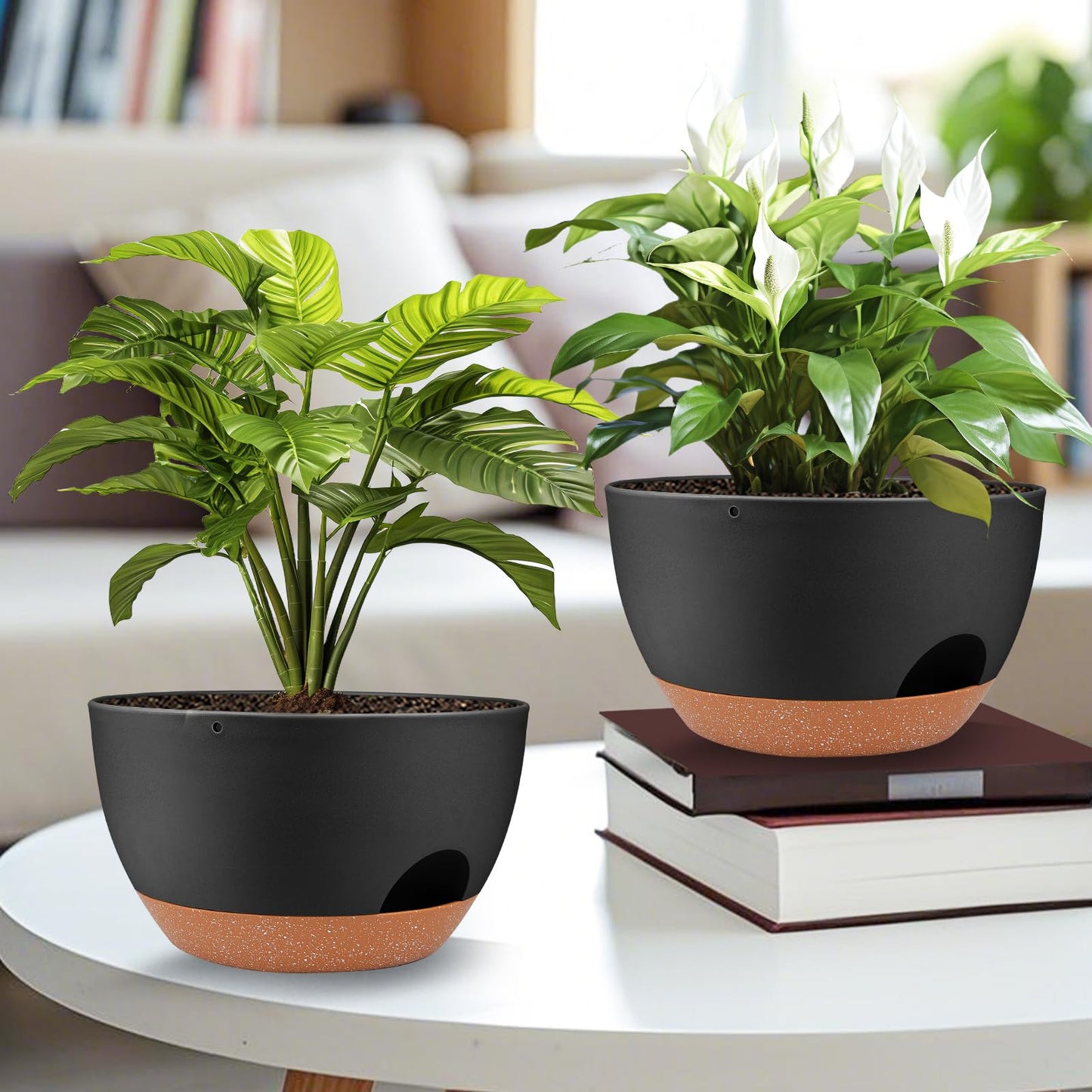 Vanslogreen Plant Pots 12inch Self Watering Pots, Set of 2 Plastic Planters with Drainage Holes and Saucers, Flower Pots for Indoor Outdoor Plants (Black)