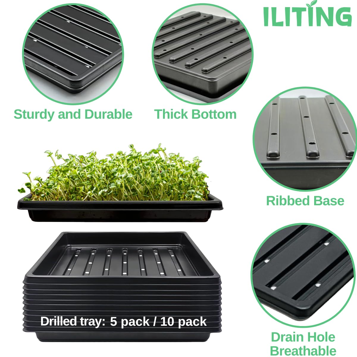 ILITING Plant Growing Seed Starter Trays for Seedlings Microgreen, Shallow Plants Tray Standard 1010 Tray with Drain Holes 5 Pack Black 10.7 x 10.7 inches Square Trays