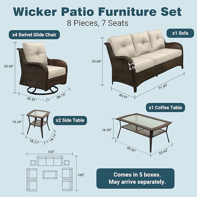 Patio Furniture Set, High Back Rattan Sofa & Swivel Rocker Chairs, Weather