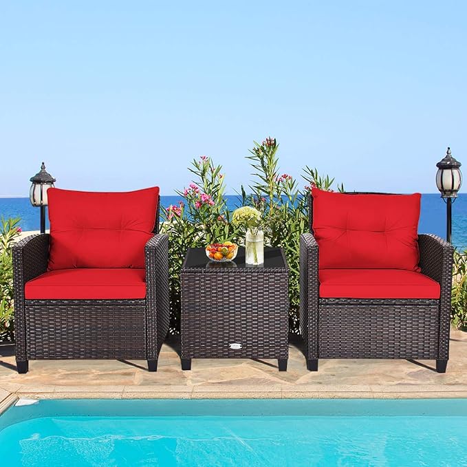 HAPPYGRILL 3 Pieces Patio Conversation Set, Outdoor Furniture Set PE Rattan