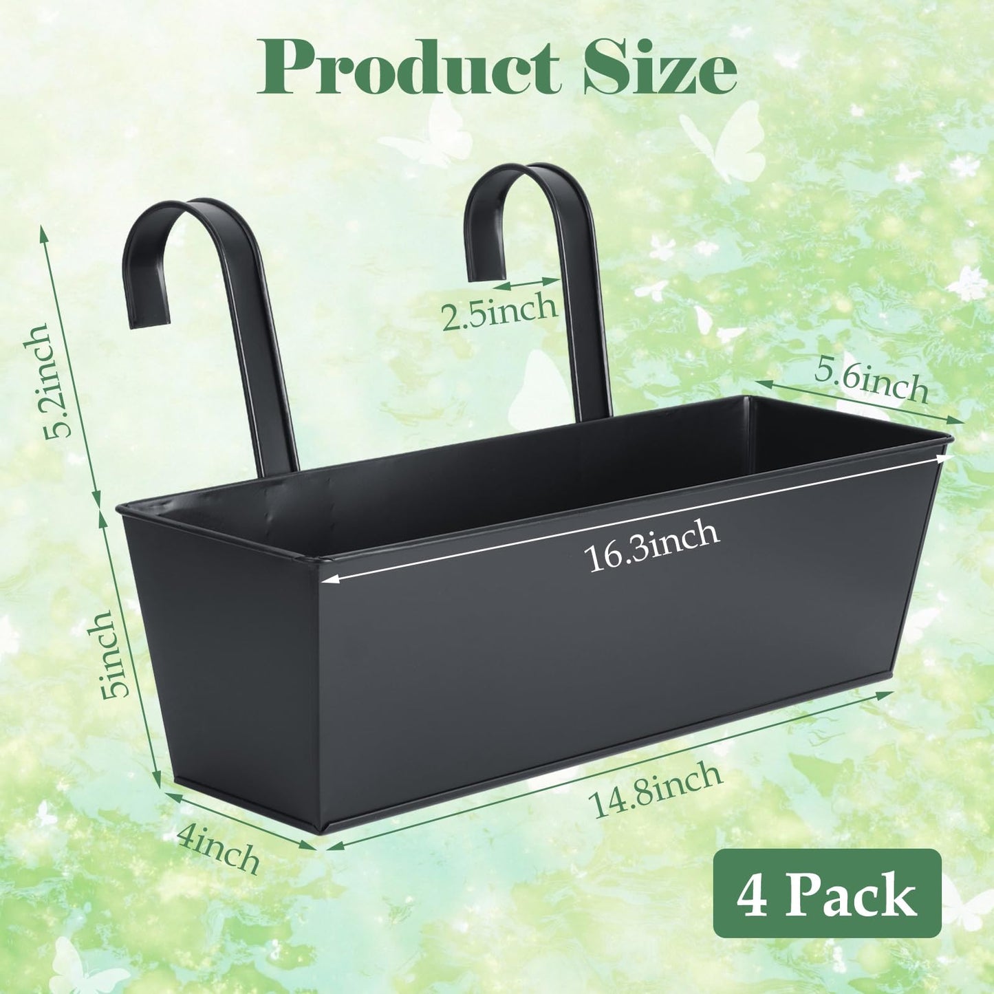 YAYODS 4 Pack Metal Railing Planter Box for Outdoor 16 Inch Hanging Flower Pots for Railing Fence, Deck Hanging Balcony Planters for Garden, Porch, Window (Black)