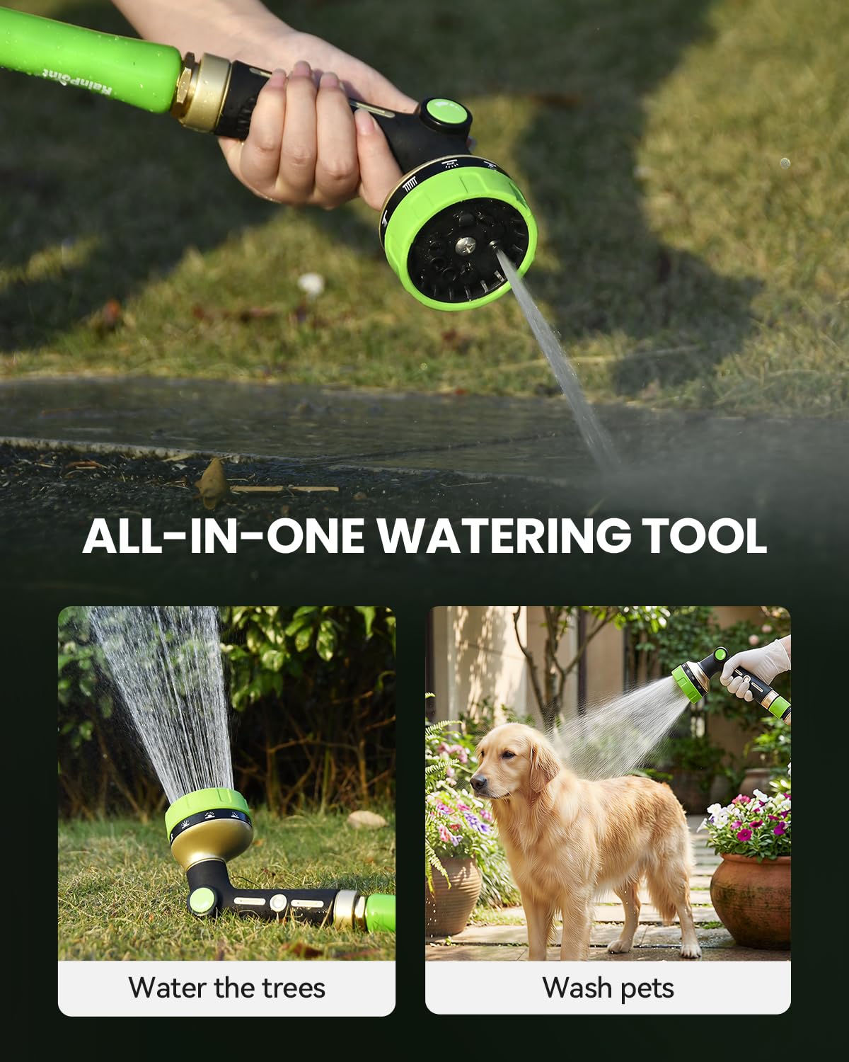 RAINPOINT Garden Hose Nozzle Heavy Duty - 100% Metal Thumb Control Spray Nozzles for Garden Hose High Pressure, 10 Patterns Water Hose Nozzle for Car Wash, Watering Lawn and Pets, Green