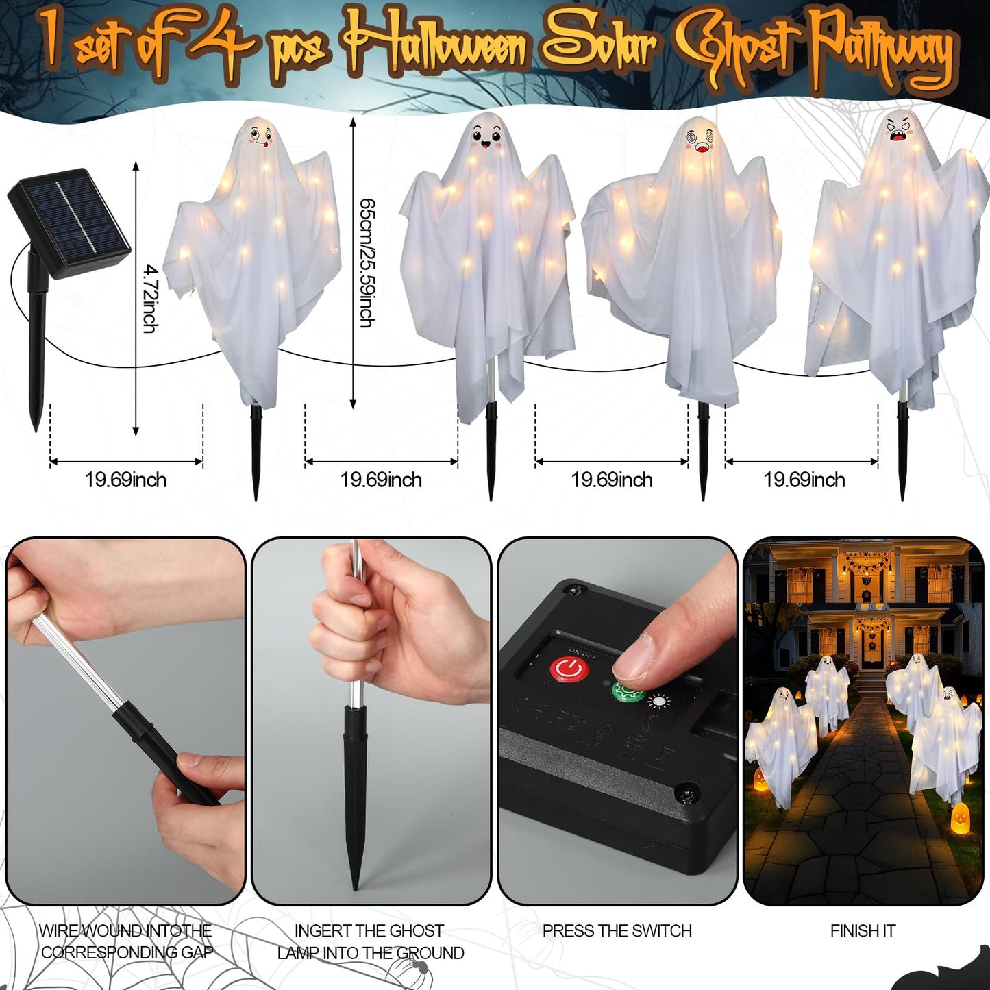 WILLBOND 4 Pcs Halloween Ghost Yard Sign Solar Ghost Outdoor Decoration with Stakes for Halloween Pathway Party Yard Lawn Patio Garden Decorations, 25.59 Inch