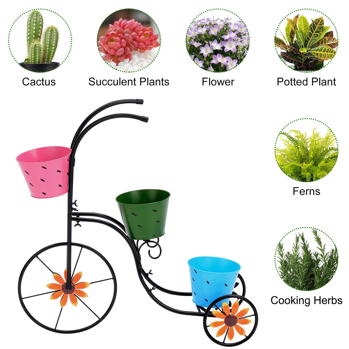 BAYN Bicycle Planter Stand, Metal Flower Pot Cart Holder with 3 Plant Bucket Outdoor Decorative for Patio, Deck, Garden or Lawn