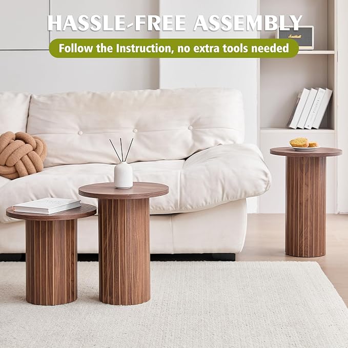 Round Side Tables Set of 3, Circle Modern Fluted Nesting Coffee Table, Accent