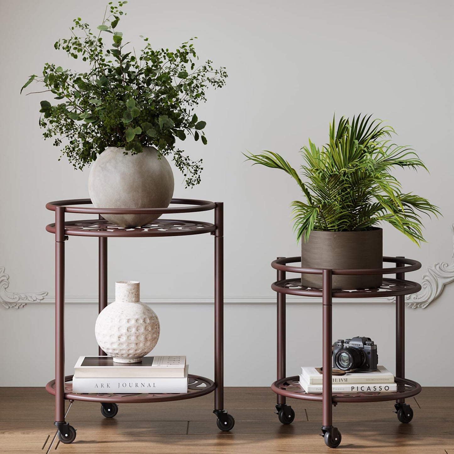 Rioneta Rolling Plant Stand with Wheels – 2 Tier Flower Pot Holder for Indoor & Outdoor, Easy Move Cart for Balcony, Patio, Garden, 165 lbs Capacity Coffee