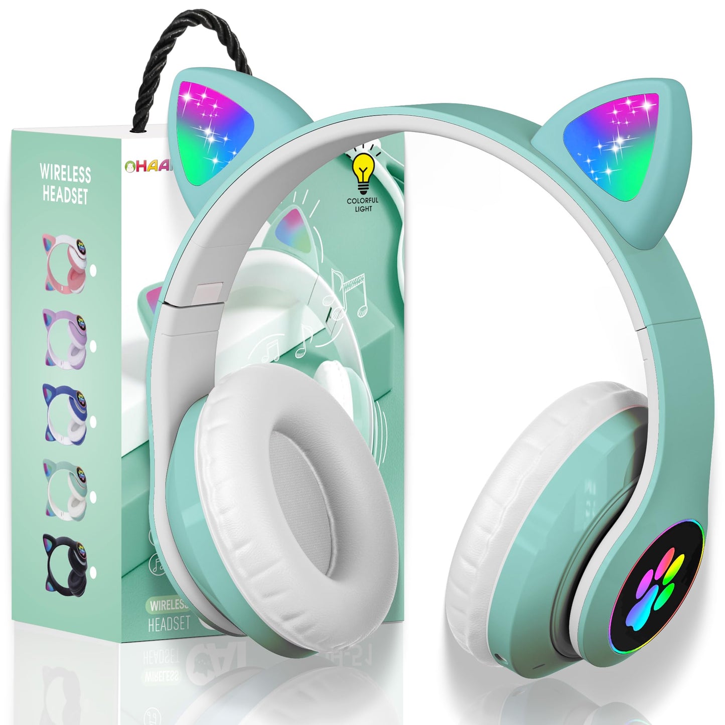 KERHAND Bluetooth Headphones for Kids, Cute Ear Cat Ear LED Light Up Foldable Headphones Stereo Over Ear with Microphone/TF Card Wireless Headphone for iPhone/iPad/Smartphone/Laptop/PC/TV (Green)