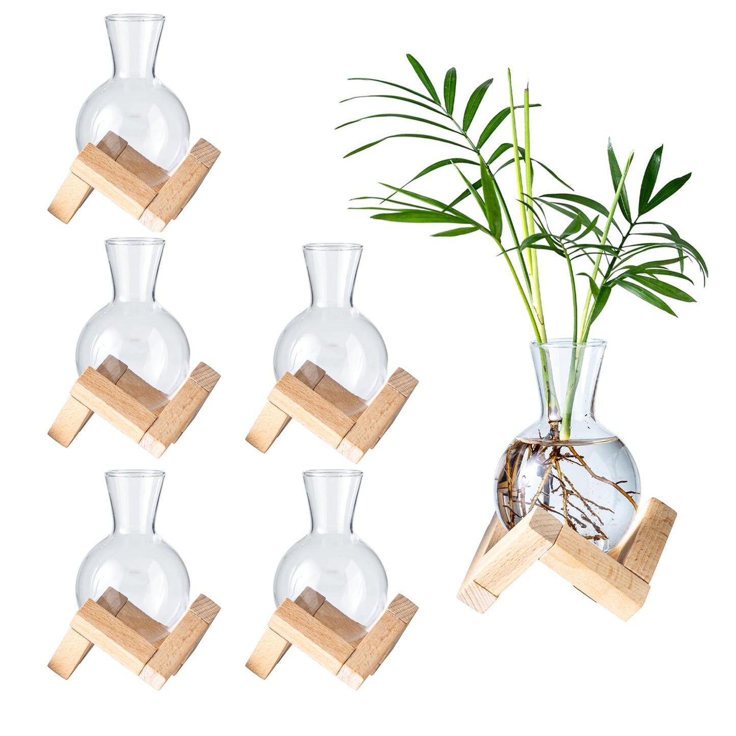 wangsdjy Propagation Stations, Propagation vases with Wooden Stand, Small Tabletop Glass Bulb Vases for Hydroponics Plant Propagation Station Home Office Decoration, Gift for Women Plant Lovers (6)
