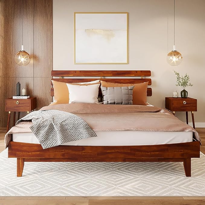 Bme Caden King Size Bed Frame and Adjustable Headboard, 15 Inch Mid Century