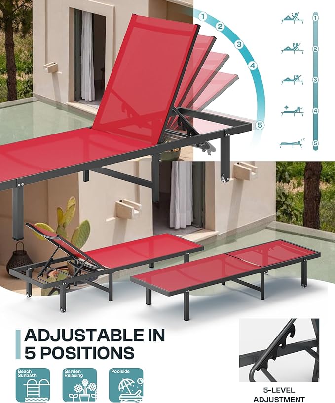 Lounge Chair Outdoor with Wheels, Aluminum Patio Chaise Lounge Chair with 5