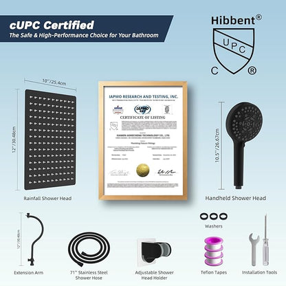 Hibbent 12'' All Metal CUPC Certified Shower Head, High Pressure Rainfall Shower Head, Handheld Showerhead Combo, 12'' Adjustable Extension Arm, 10-Spray, 71'' Hose, Showerhead Holder, Matte Black