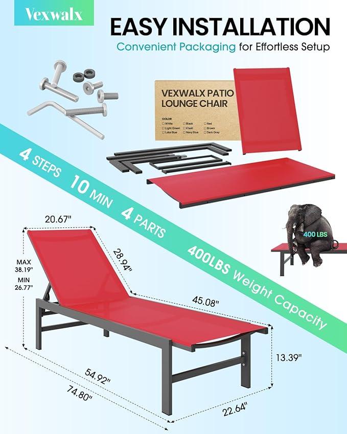 Vexwalx Outdoor Lounge Chair for Pool, Aluminum Chaise Lounge Chairs
