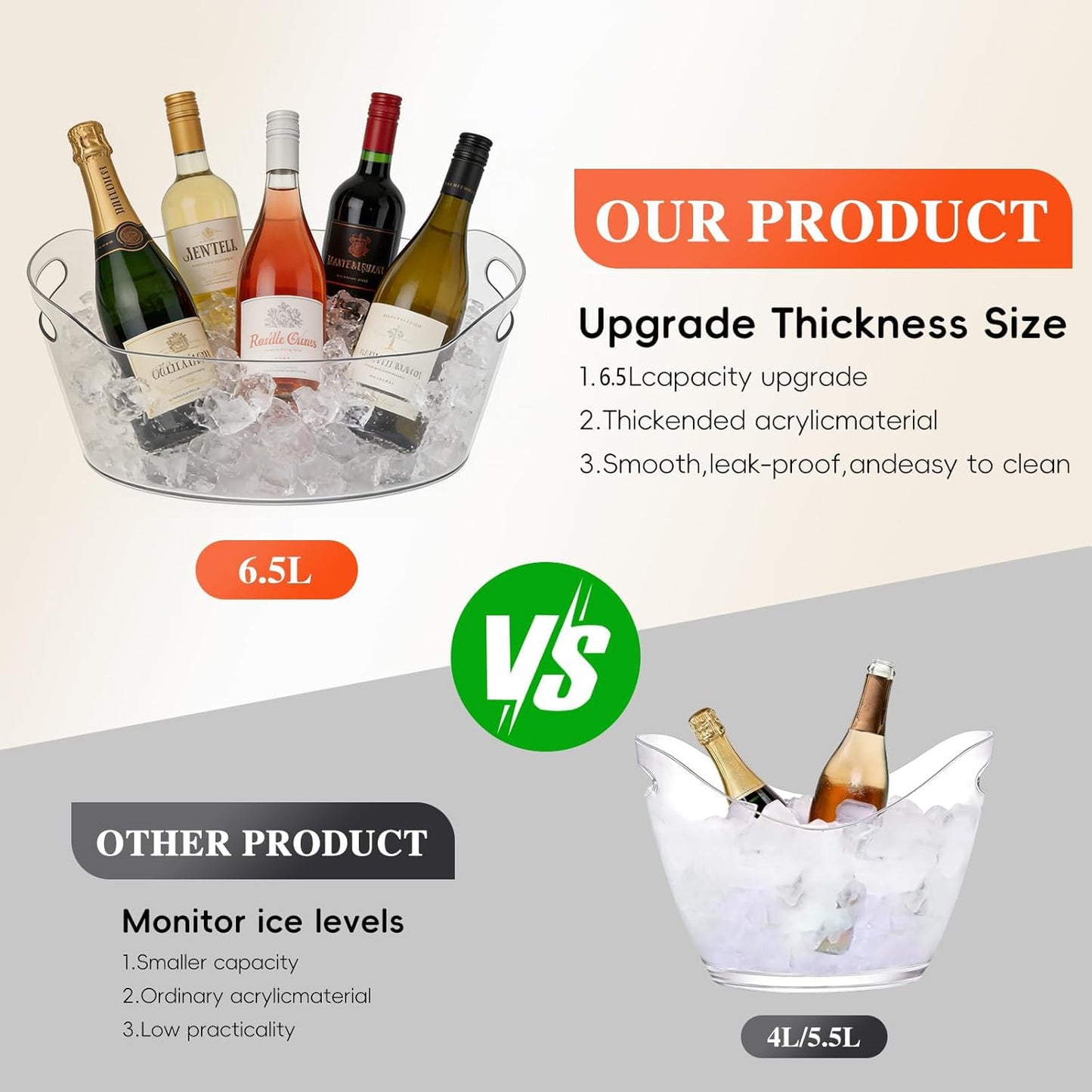 Yeatruojeet 2 PCS Ice Bucket for Parties, 6.5L Large Ice Bucket, 1.7 Gallon Champagne Bucket with 2 Scoops, Beverage Tub Mimosa Bar Supplies for Champagne, Beer, Cocktail