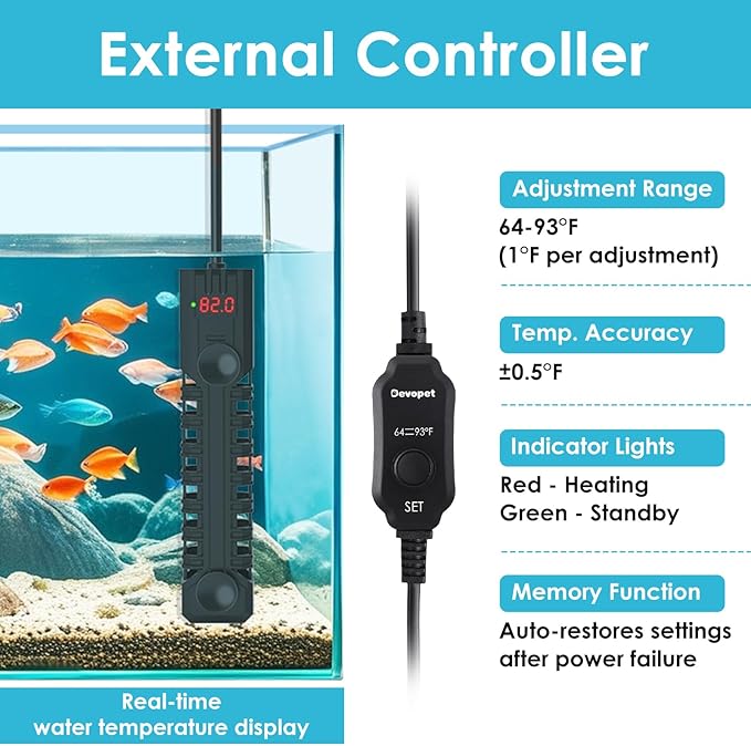 200W Aquarium Heater, Adjustable Fish Tank Heater, with Digital Display, Overheat Protection & Dry Run Protection, for 20-40 Gallon Water