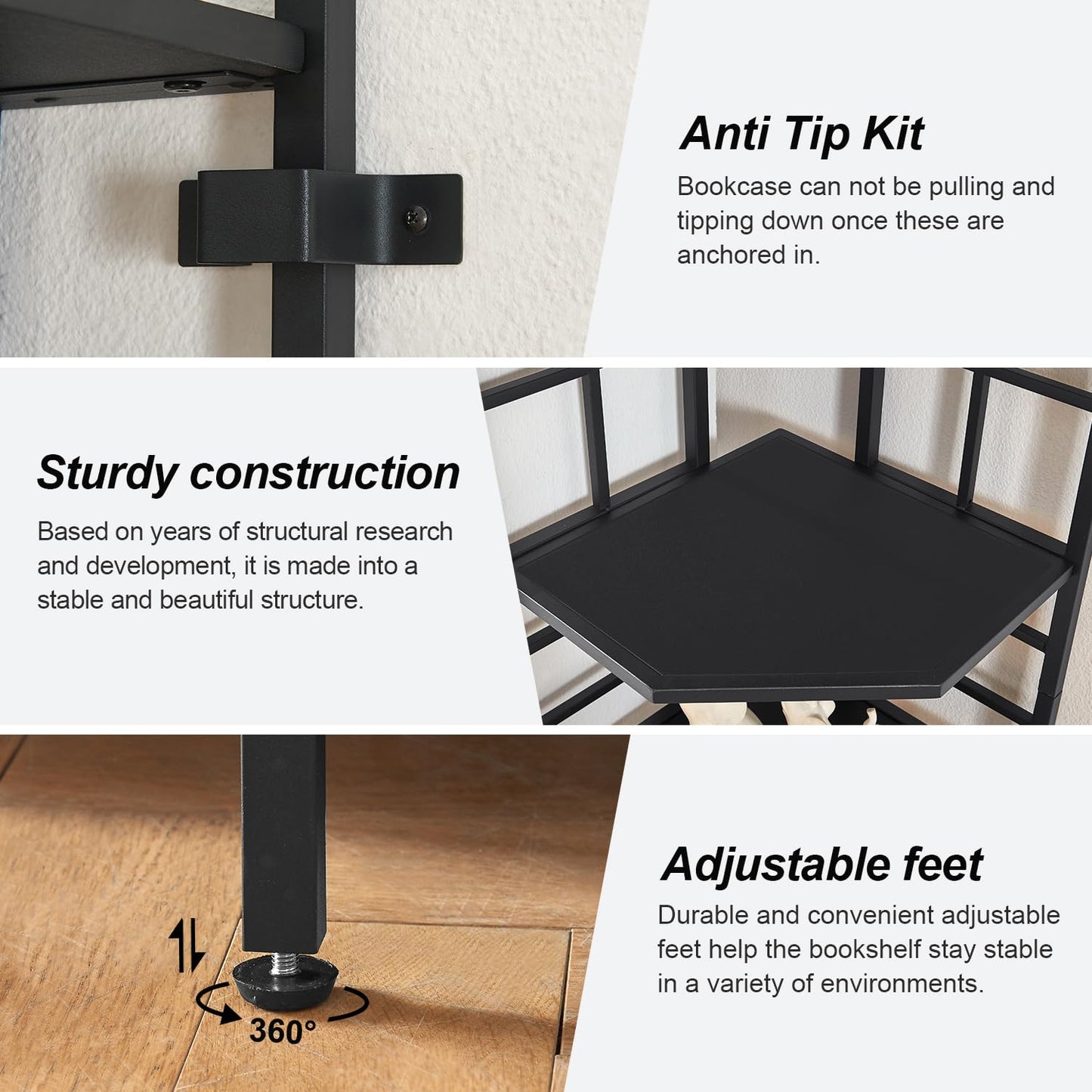 HOMISSUE Corner Shelf, 6 Tier Tall Narrow Bookshelf 76.9", Industrial Corner Bookcase with Storage for Home Office Living Room and Bedroom, Black
