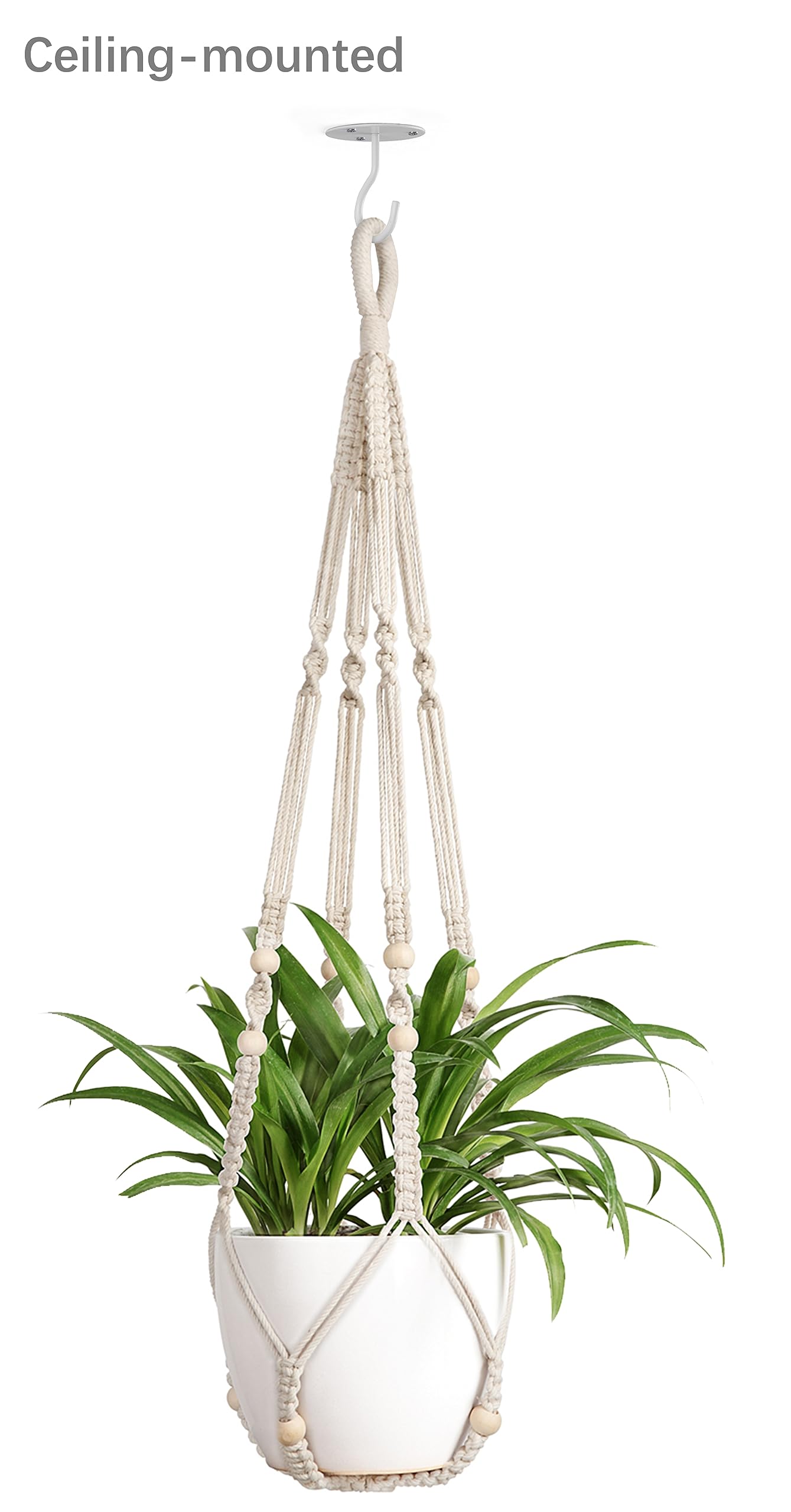 Mkono Ceramic Hanging Planter and Ceiling Hooks, Shallow 8 Inch and Deep 6 Inch for Indoor Outdoor Plants, Set of 2 Modern Plant Pot Geometric Porcelain Hanging Basket with Polyester Rope Hanger