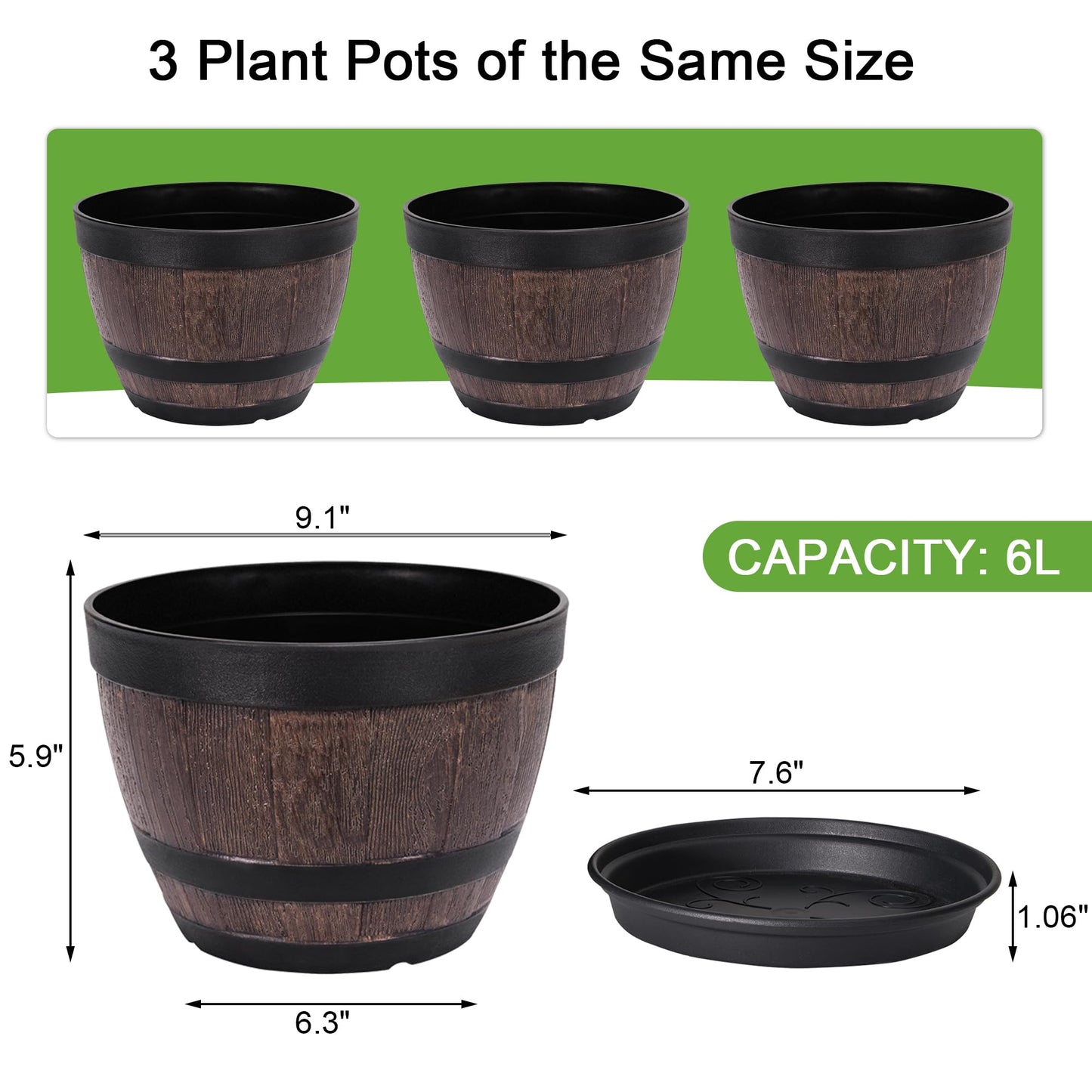 VECELO Plant Pots with Drainage Holes & Saucer, 9 Inch Flower Pots with Tray, 3 Pack Plastic Whiskey Barrel Planters for Indoor & Outdoor Garden Home Plants and Flowers