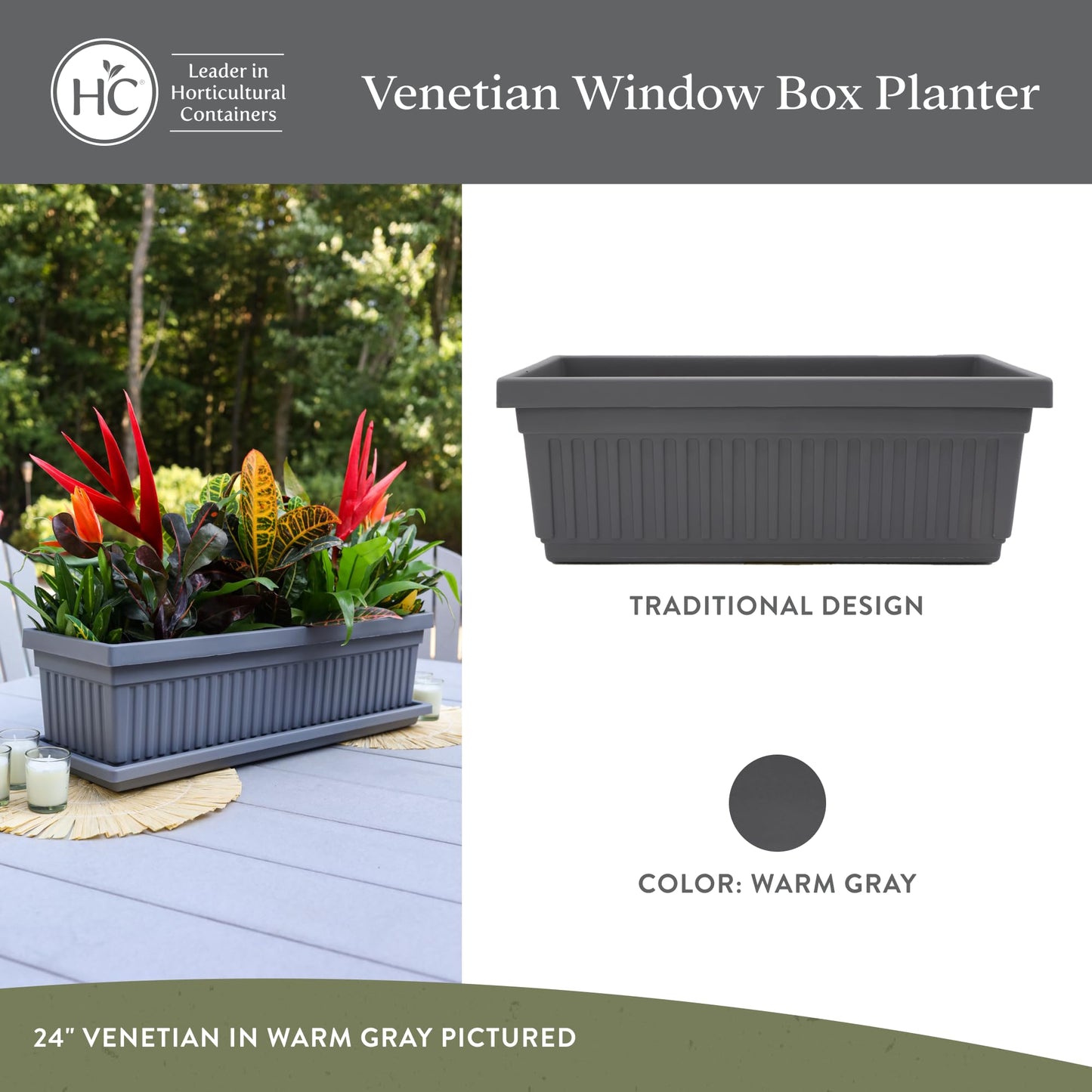 The HC Companies Venetian Window Planter Box w/Drain Plug - Long Planter Box for Windowsills, Balconies & More - Plastic Large Rectangular Planters for Herbs & Flowers (24" Warm Gray, Pack of 1)