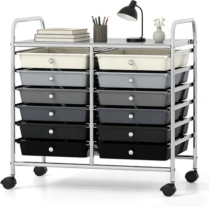 COSTWAY 12-Drawer Rolling Storage Cart, Utility Storage Organizer Cart for Tools, Scrapbook, Paper, Craft, Multipurpose Art Supply Organizer on Wheels for Home Office School, Teacher, Mixed Black