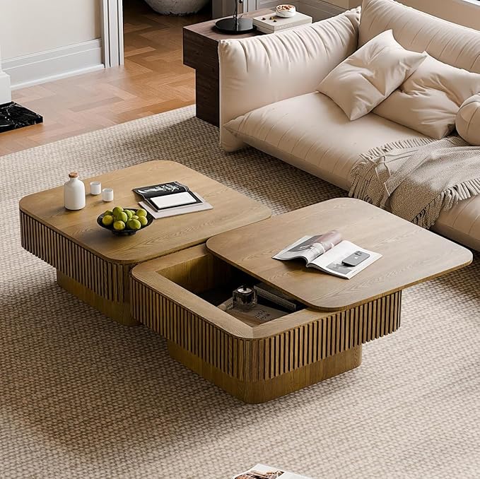 Square Coffee Table for Living Room, Fluted Drum Accent Tea Center Table