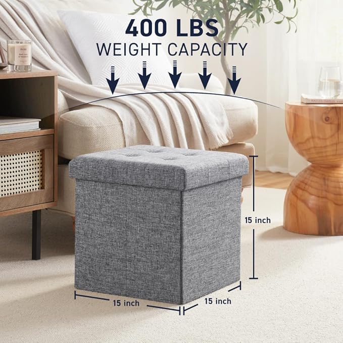 Ornavo Home 2 Pack 15 Inch Folding Storage Ottoman, Square Cube Linen Small