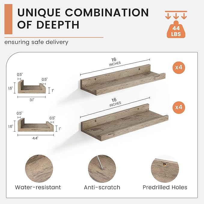 Floating Picture Ledge Shelves for Wall Set of 8, 16 Inch Wall Shelves