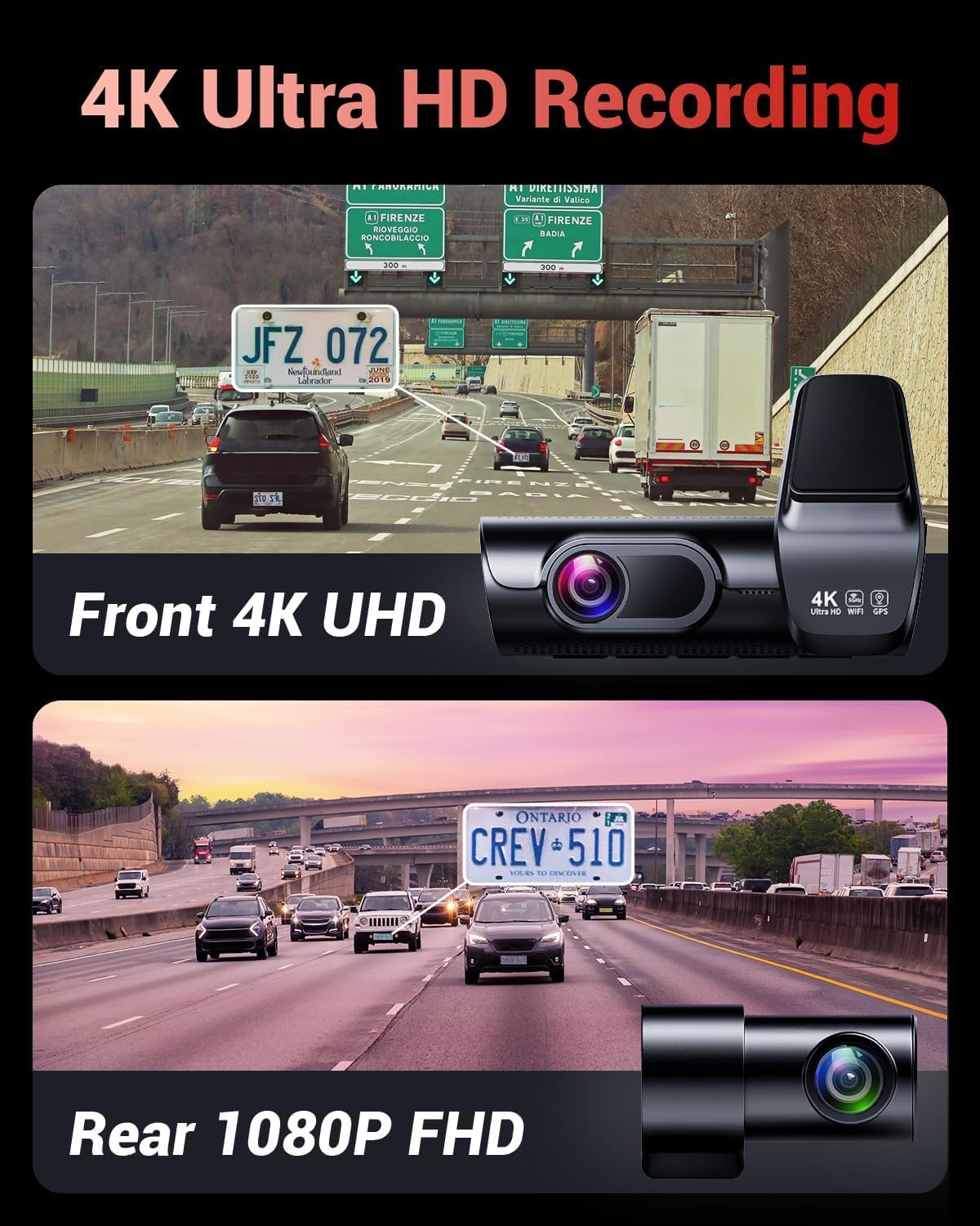 OVAMAN K600 4k Dash Cam Front and Rear, 3.59" IPS Screen, Built-in GPS 5G WiFi Dash Camera for Cars with App, UHD 2160P Night Vision Free 64G SD Card, 170° Wide Angle, HDR, 24H Parking Mode