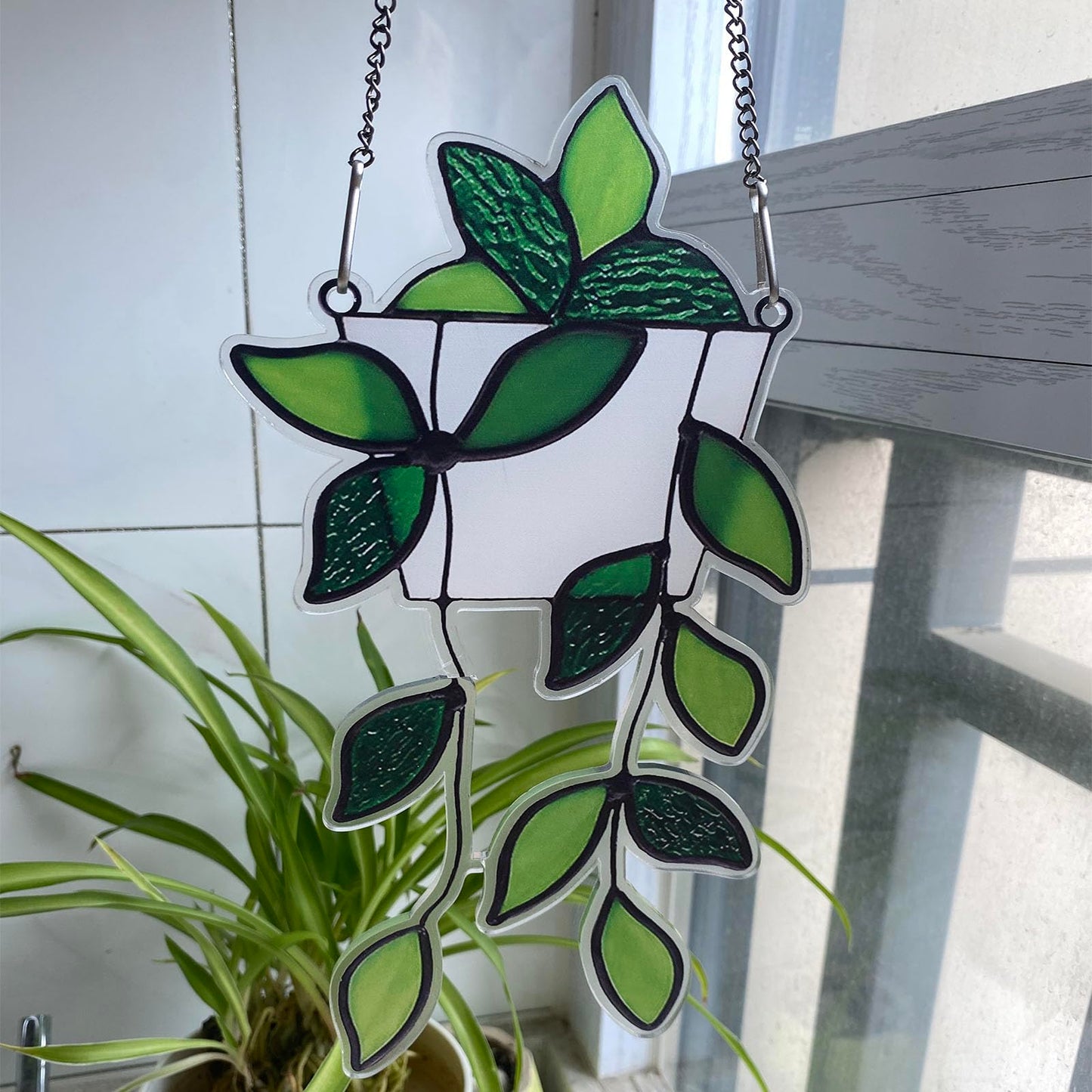 Green Plant Decor Stained Glass Window Hanging,Handcrafted Faux Plant Stained Glass Suncatcher for Window Hanging,Birthday Mother's Day for Women,Plant Lovers