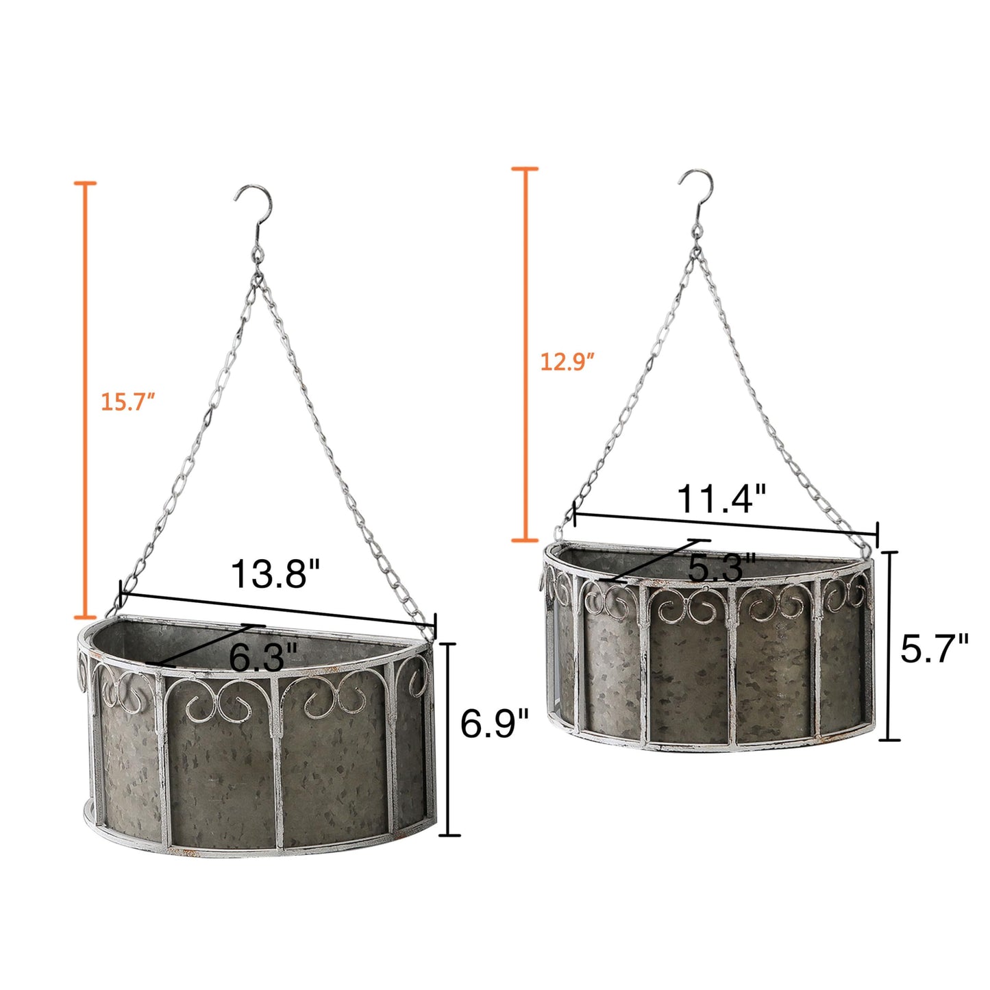 SOFE Farmhouse Galvanized Metal Hanging Planter Basket Set of 2, Unique Hanging Plant Pot Indoor Outdoor, 14 Inch/12inch Flower Pots Holder with Chain Hook, Home Garden Patio Decor
