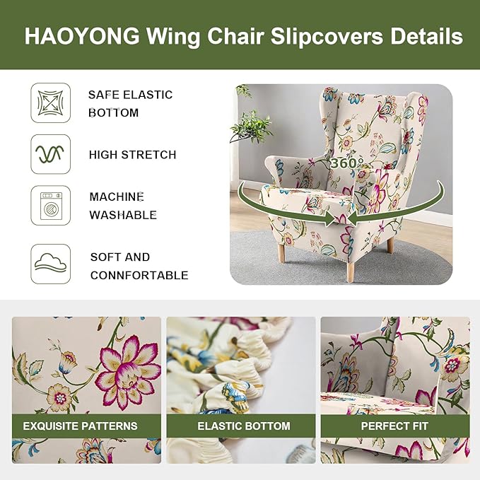 HAOYONG Wing Chair Slipcovers Printed Wingback Chair Covers 2 Pieces Wingback
