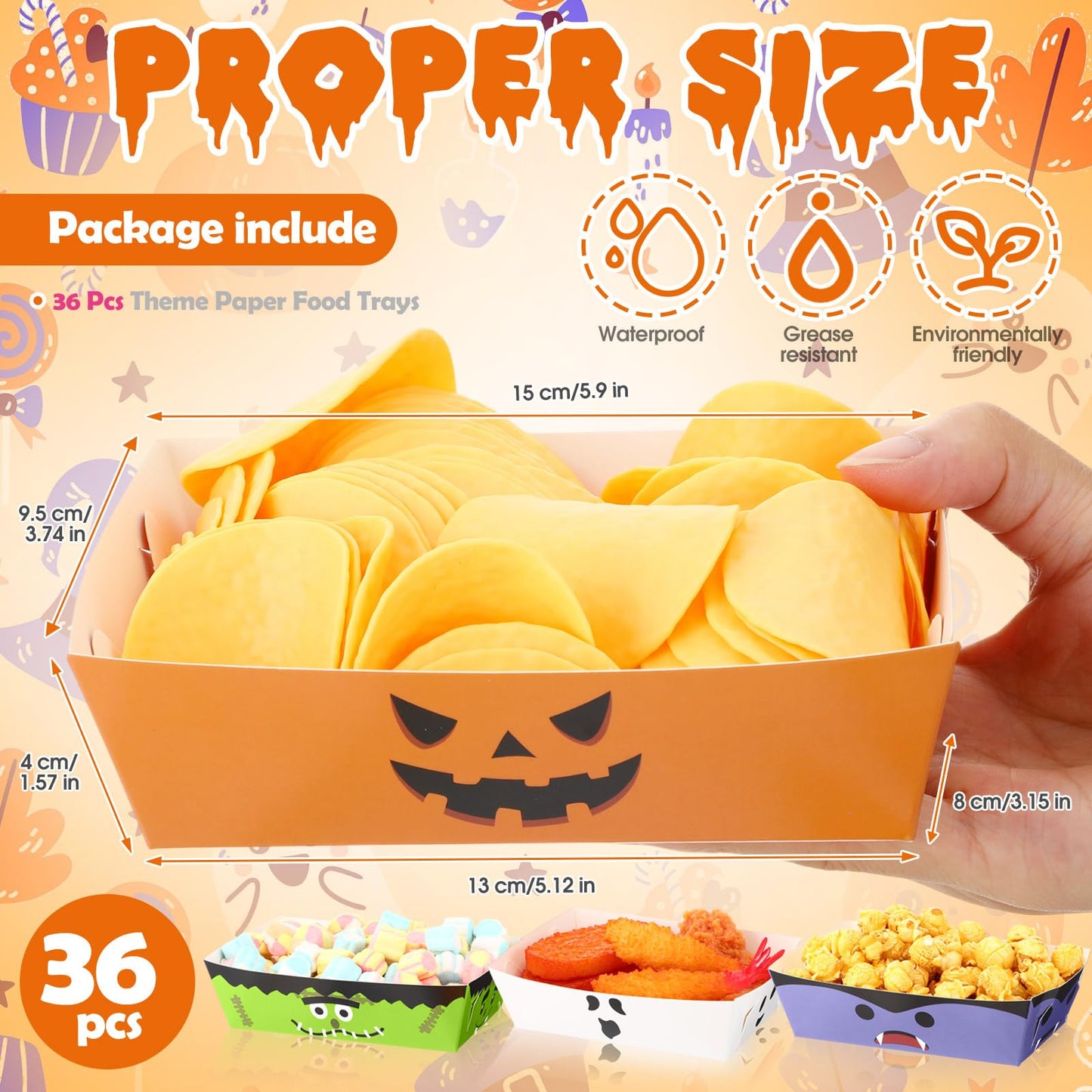 Dunzoom 36 Pcs Halloween Paper Food Trays Disposable Bowls Grease Resistant Pumpkin Monsters Ghost Food Boats Dessert Plates Nacho Snack Hot Dog Serving Tray for Halloween Party Supplies Decorations