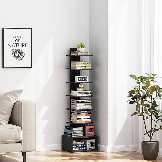 TUTOTAK Narrow Bookshelf, Vertical 8-Tier Bookcase, Spine Book Shelf