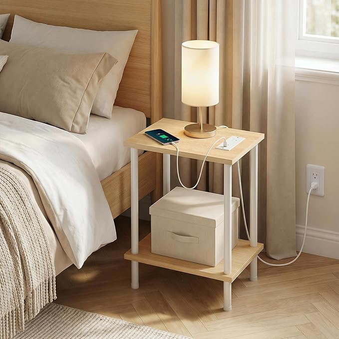 HOOBRO Side Table with Charging Station, Nightstand with 2-Layer Storage Shelves