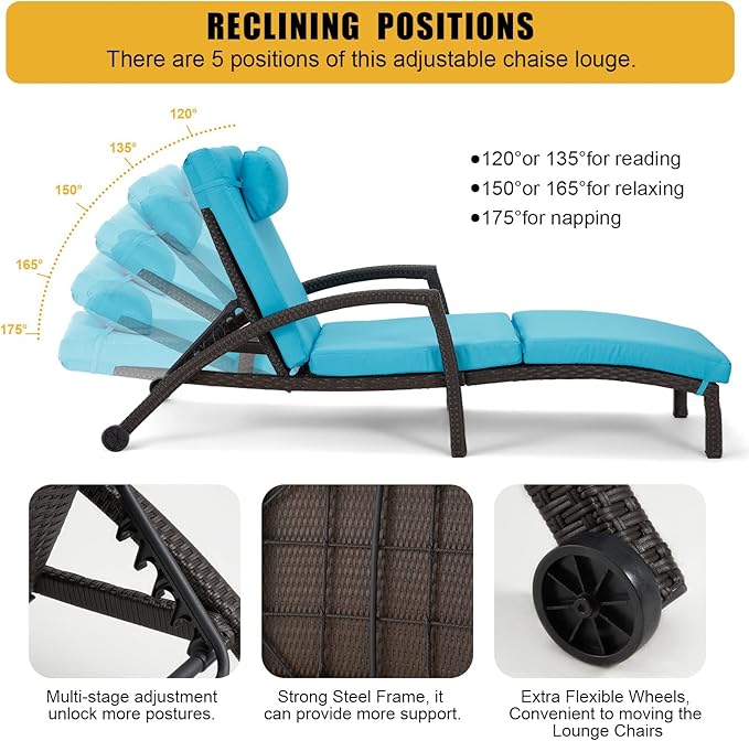 HOMREST Chaise Lounge Chairs Set of 6, PE Rattan Wicker Lounge Chair