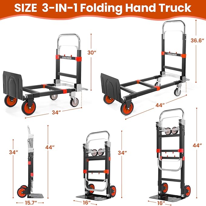 3-in-1 Folding Hand Trucks, 600Lbs Convertible Hand Truck Dolly, Heavy Duty