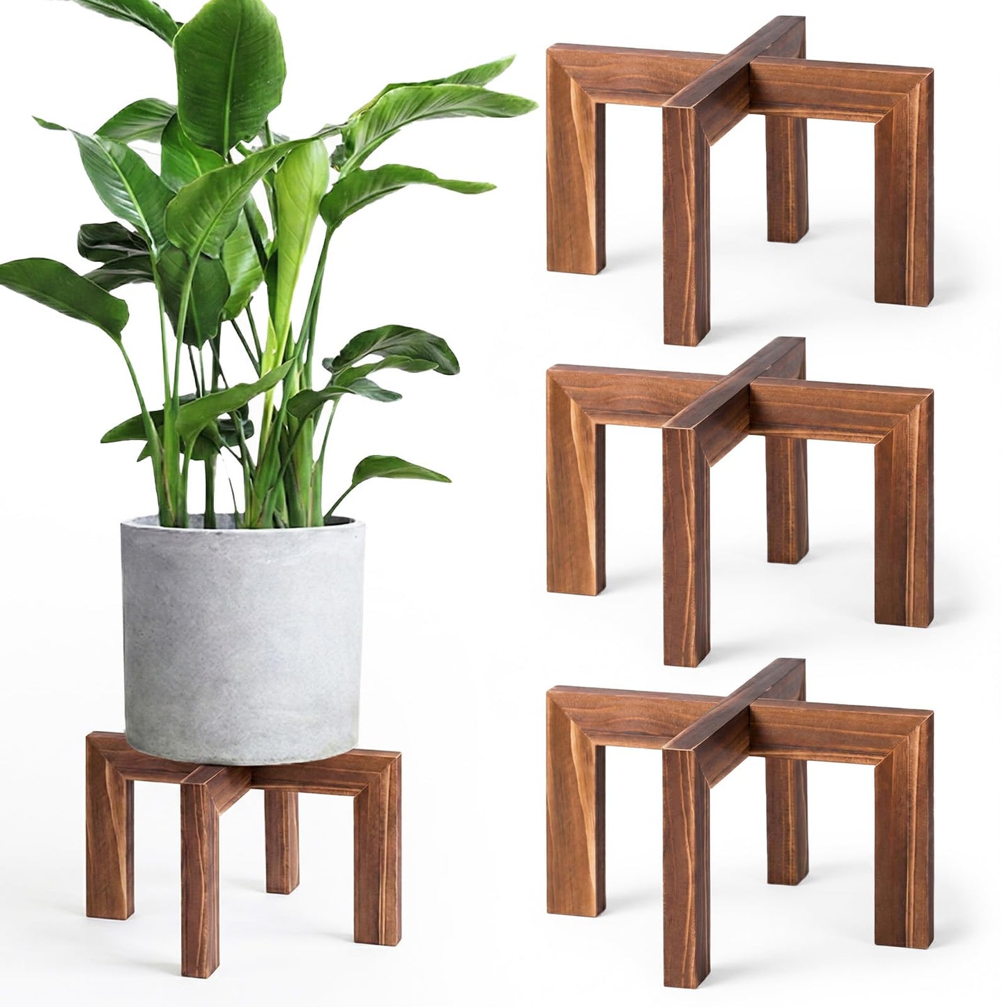 Leaf&lull Plant Stands for Indoor Plants Farmhouse Round Wood Plant Pedestal Decorative Wooden Display Rack Heavy Duty Flower Planter Base for Tabletop Corner Walnut 3 Pack