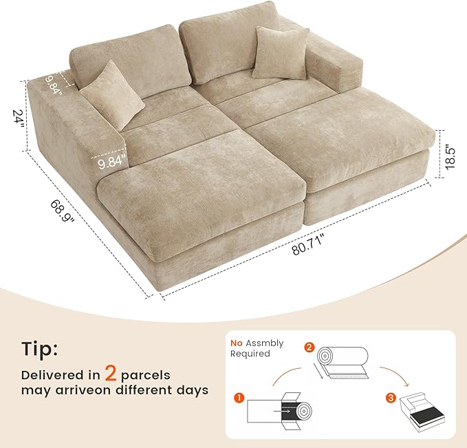 80.7" Oversized Double Chaise Lounge Chair Indoor, Cloud Boneless Sleeper Sofa