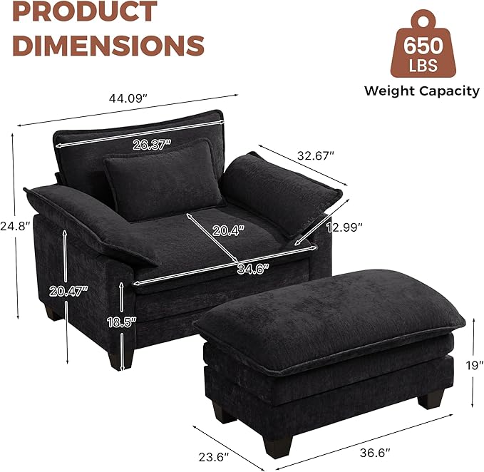 Oversized Accent Chair with Ottoman, Upholstered Armchair with Extra Thick