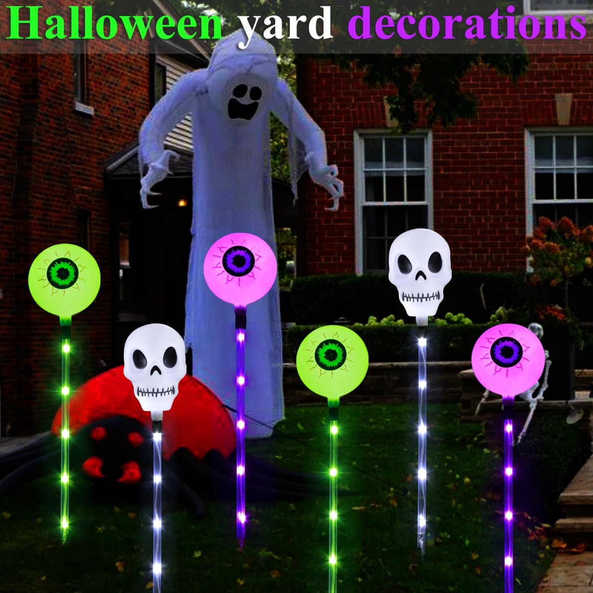 Mankinlu Halloween Decorations Outdoor Solar Garden Lights,6 Pack Scary Eyeball Skull Outside Decor,8 Modes Solar Halloween Lights for House Grave Patio Yard Lawn Pathway Halloween Party Ghost Decor
