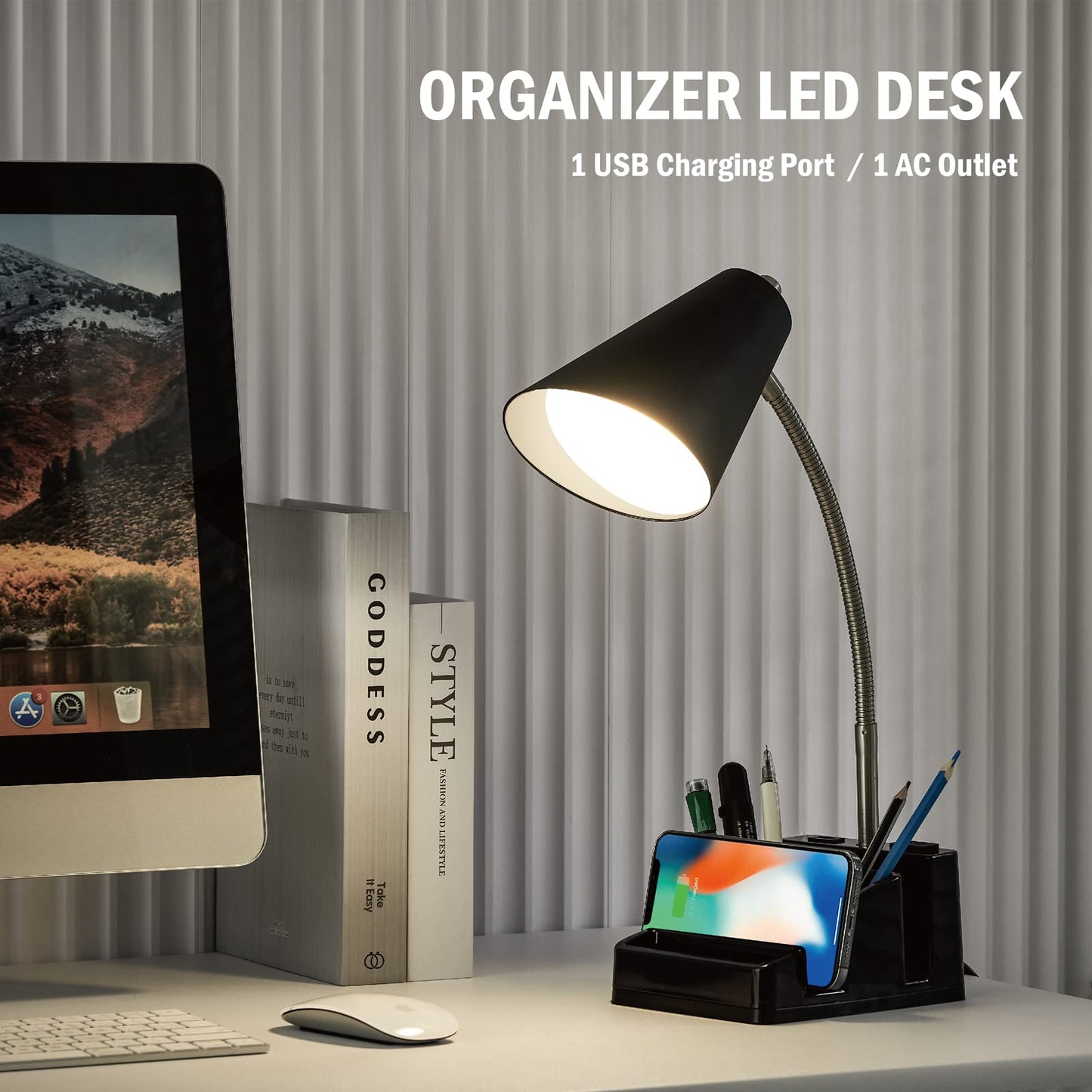 LED Desk Lamp with 1 USB Charging Port and 1 AC Outlet, Organizer Base, Adjustable Neck, On/Off Switch, Modern Table Lamp for Reading, Working, Studying, Gentle Warm White Light, Eye Protect(Black)