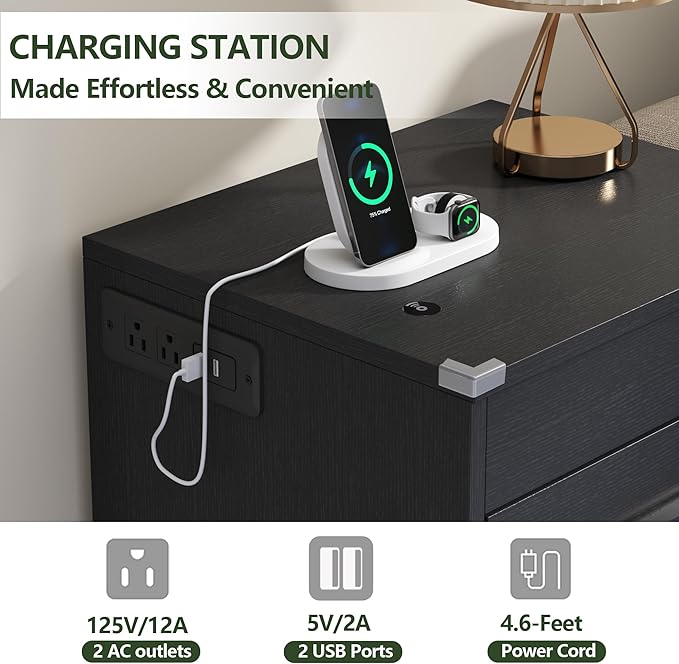 Gyfimoie Led Night Stand with Charging Station & RFID Lock Cabinet, Smart