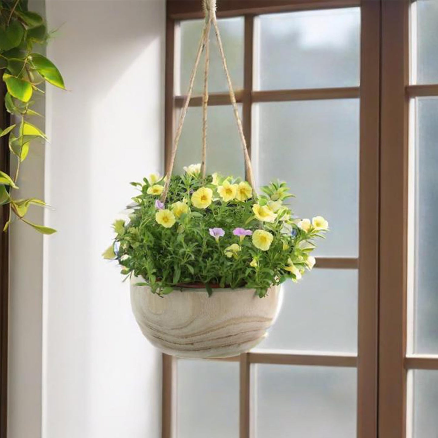 CYS EXCEL Meduim Wooden Hanging Planter Paulownia Wood Bowl Basket with Jute Rope for Indoor Plants Succulents