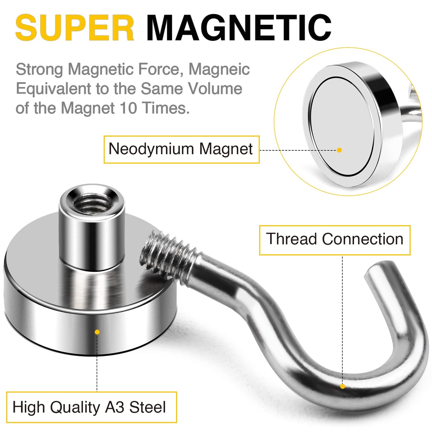 DIYMAG Magnetic Hooks for Refrigerator, Extra Strong Cruise Hook, Heavy Duty Earth Magnets with Hook for Hanging, Magnetic Hanger for Cabins, Grill (45P-Silver)