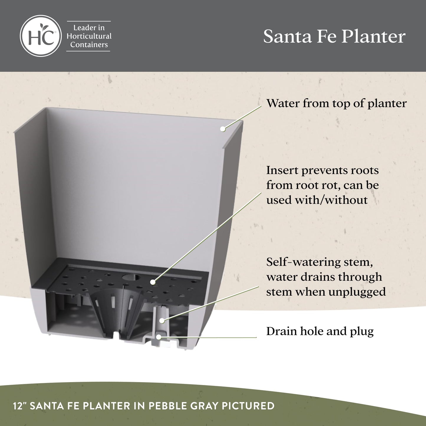 The HC Companies Santa Fe Square Self-Watering Pot - Lightweight Plastic Planter for Herbs & More - Durable Plant Pots for Indoor Plants & Outdoor Plants (12" Black Sand, Pack 2)