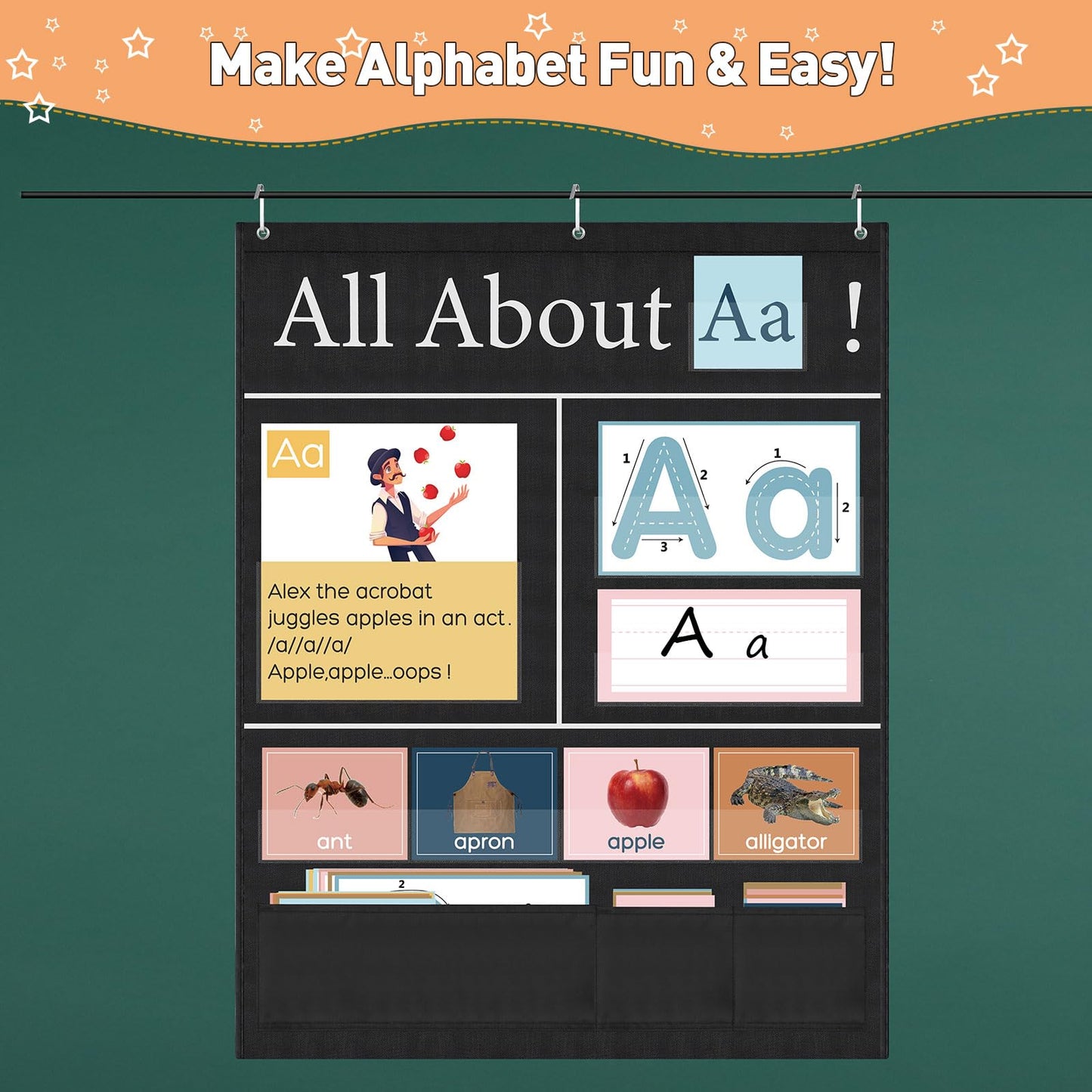 Blosssound 34 x 27 All About Letter Pocket Chart 103 ABC Flash Cards Letter of The Day Week Chart Alphabet Tracing Educational Wall Poster Teachers Homeschool Learning Activities(Black)