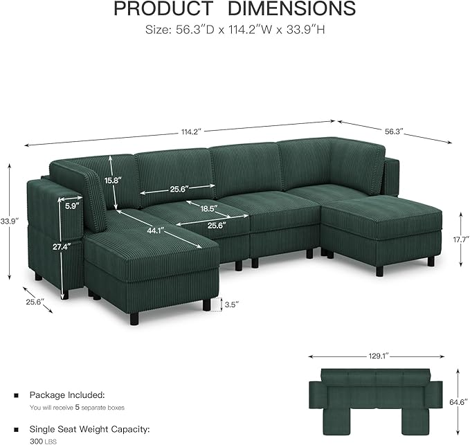 Belffin Modular Sectional Sofa U Shaped Sectional Sofa Couch 6 Seater Corduroy