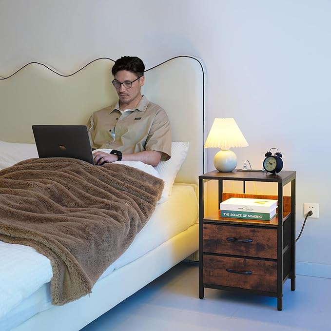 Yoobure Nightstand with Charging Station, LED Night Stand with Fabric Drawers