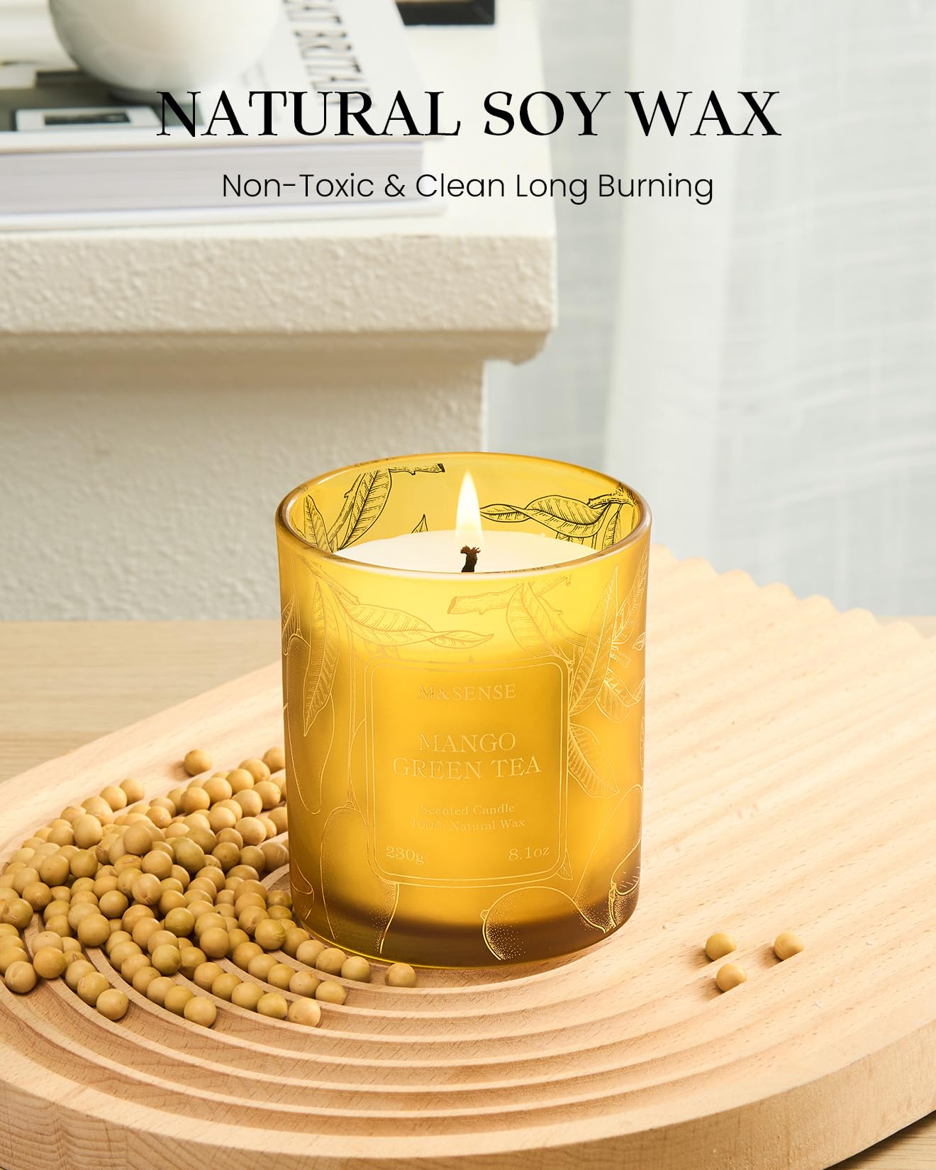 M&SENSE Mango Green Tea Soy Candle, 8.1oz 42H Slow Burning Non Toxic, Tropical Tea Aromatherapy, Summer Relaxation Gift